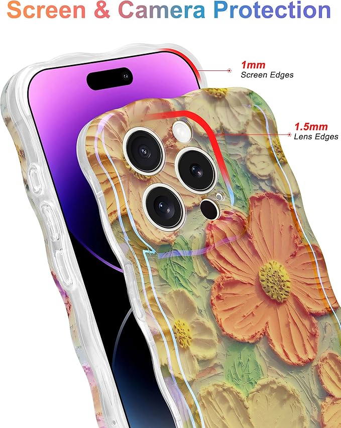 Jusy Compatible with iPhone 12 Pro, Colorful Retro Oil Painting Printed Flower Laser Glossy Pattern Cute Curly Wave Phone Case Soft TPU Cover for Girly Women - Orange Yellow