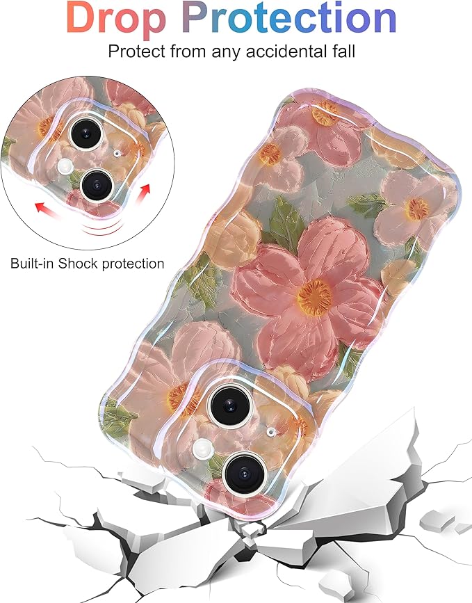 Jusy Case for iPhone 15, Colorful Retro Oil Painting Printed Flower Laser Blue Glossy Pattern Cute Curly Wave Phone Case Soft TPU Cover for Girly Women -Green