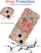 Jusy Case for iPhone 15, Colorful Retro Oil Painting Printed Flower Laser Blue Glossy Pattern Cute Curly Wave Phone Case Soft TPU Cover for Girly Women -Green