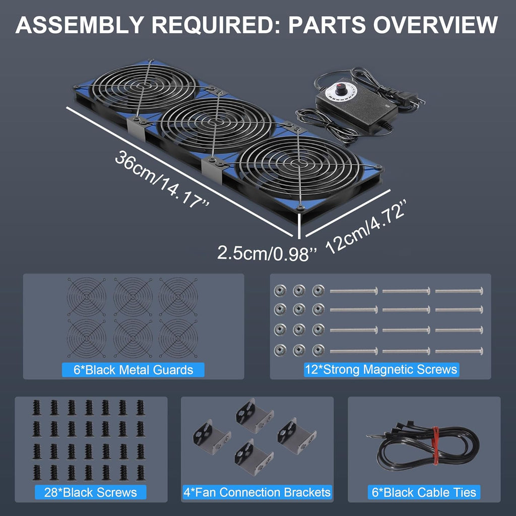 120mmx3 360mm Adjustable Computer PC Vent Fans 3-12V Speed Controller for Chicken Coop Rack Space Window Wall Cabinet Server Mining Rig Exhaust Cooling