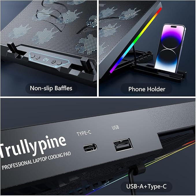 Laptop Cooling Pad with 12 Quiet Fans, Slim Portable for 12-17.3 Inch Laptop Cooler Stand, RGB Lighting, with 5 Height Adjustable, Gaming Cooling Fan Pad, USB/Type-C & Phone Holder (LCD)
