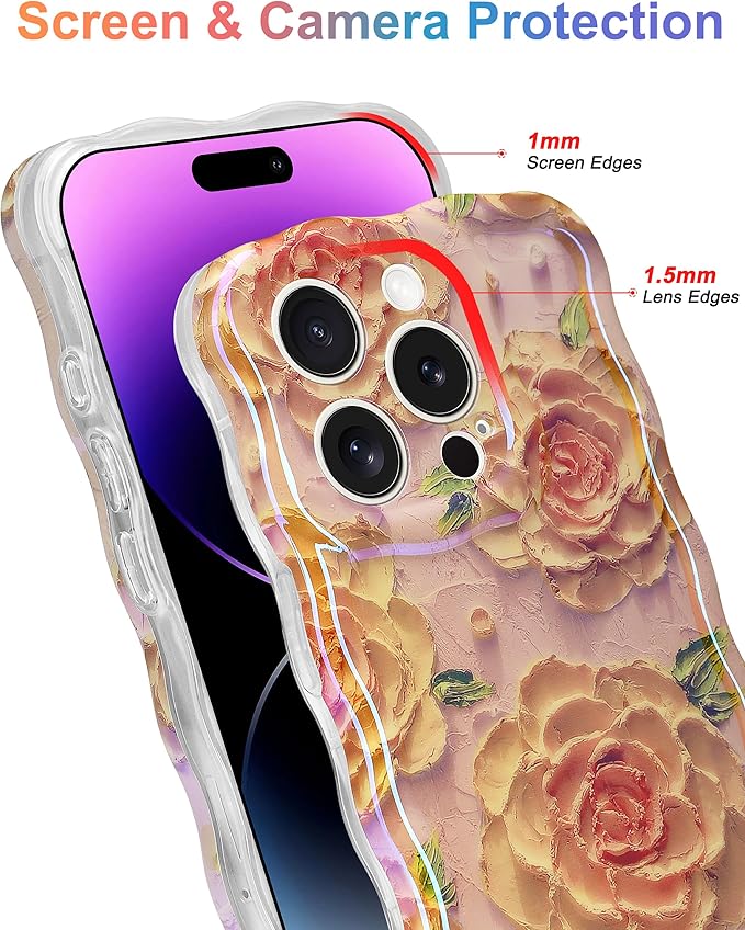 Jusy Compatible with iPhone 13 Pro Max, Colorful Retro Oil Painting Printed Flower Laser Glossy Pattern Cute Curly Wave Phone Case Soft TPU Cover for Girly Women - Pink Rose