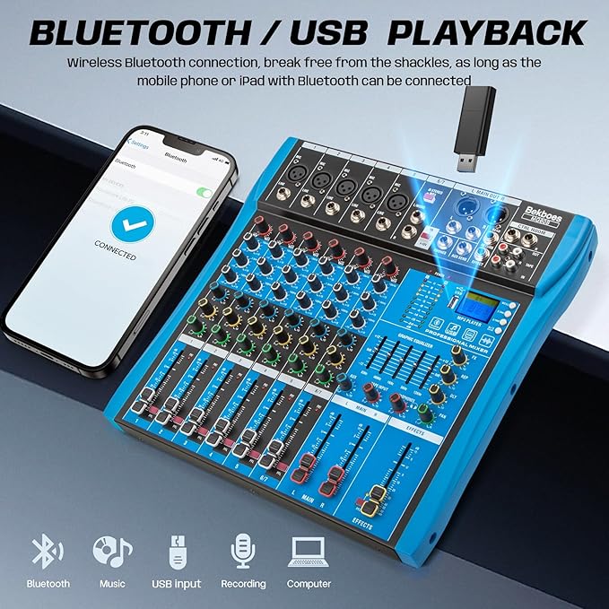 Professional Audio Mixer, 6 Channel, Input 48V Phantom Power Stereo Digital USB Bluetooth MP3 Computer Input, Build-in 16 Effect DSP, for Recording, Live Streaming, Podcasting MG60S