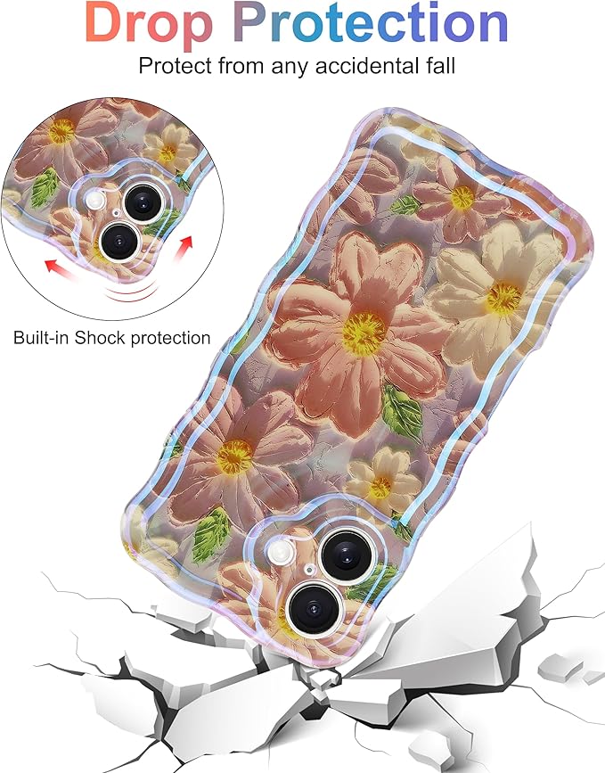 Jusy Compatible with iPhone 16 Plus, Colorful Retro Oil Painting Printed Flower Laser Glossy Pattern Cute Curly Wave Phone Case Soft TPU Cover for Girly Women - Light Purple