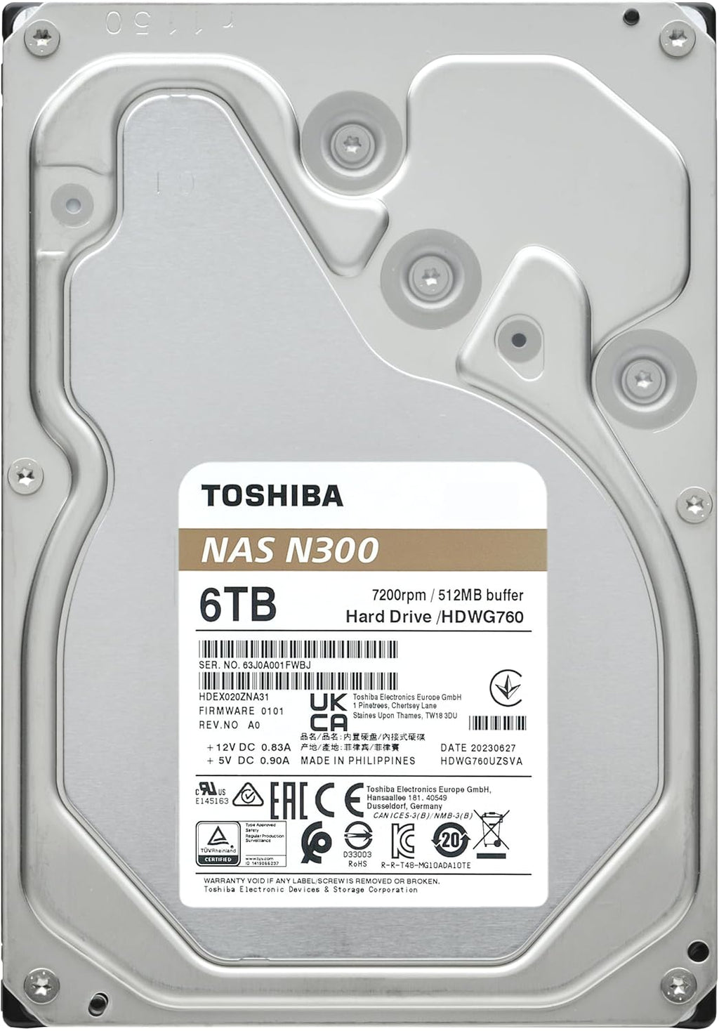 Toshiba N300 6TB NAS 3.5-Inch Internal Hard Drive - CMR SATA 6 GB/s 7200 RPM 512 MB Cache - HDWG760XZSTA