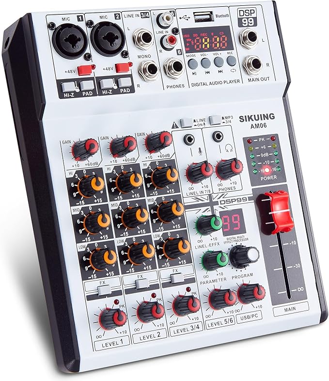 6 Channel Audio Mixer Professional Sound Board Console w/99 DSP Effects 48V Phantom Power Bluetooth USB Interface Stereo DJ Mixer Board for Karaoke Live Performance DJ Stage