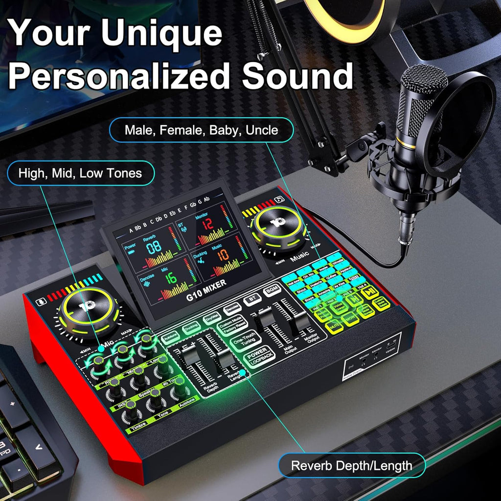 Podcast Equipment Bundle with 3.5mm Condenser Microphone for Pc/Phone Live Streaming Singing Gaming, Podcast Microphone Bundle with Live Sound Card Audio Mixer,Voice Changer, Denoise,DJ Sets