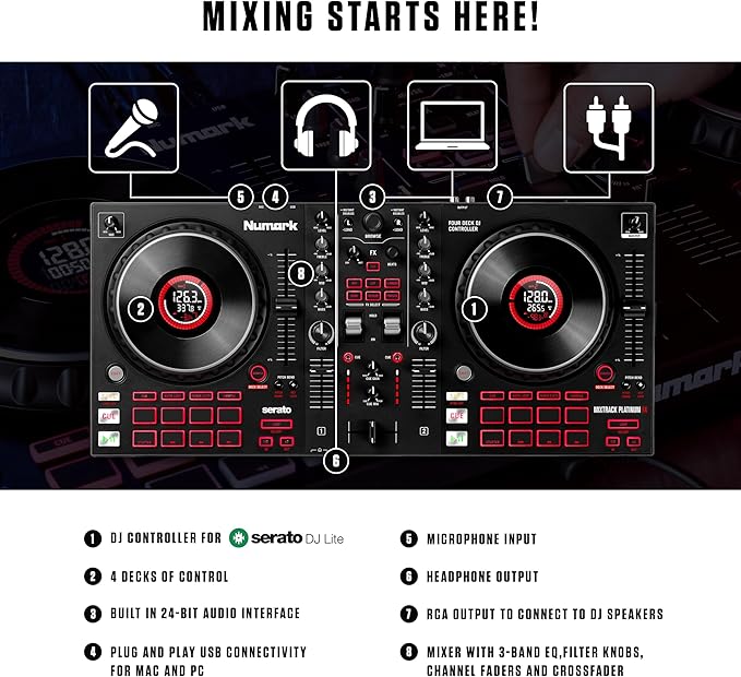 Numark Mixtrack Platinum FX Serato DJ Controller with Jog Wheel Displays, 4 Decks, Mixer, Effects Paddles and (Audio Interface)