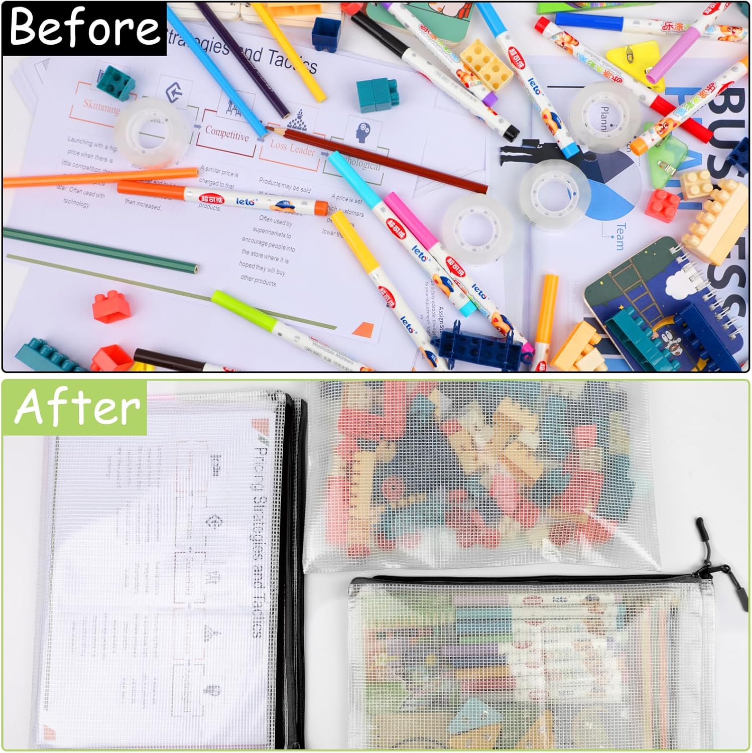 24pcs Mesh Zipper Pouches, A3 Size Waterproof Black Zipper Bags, Water-Resistant Plastic Zipper Pouch for School Office Supplies, Puzzles & Games Organizing Storage