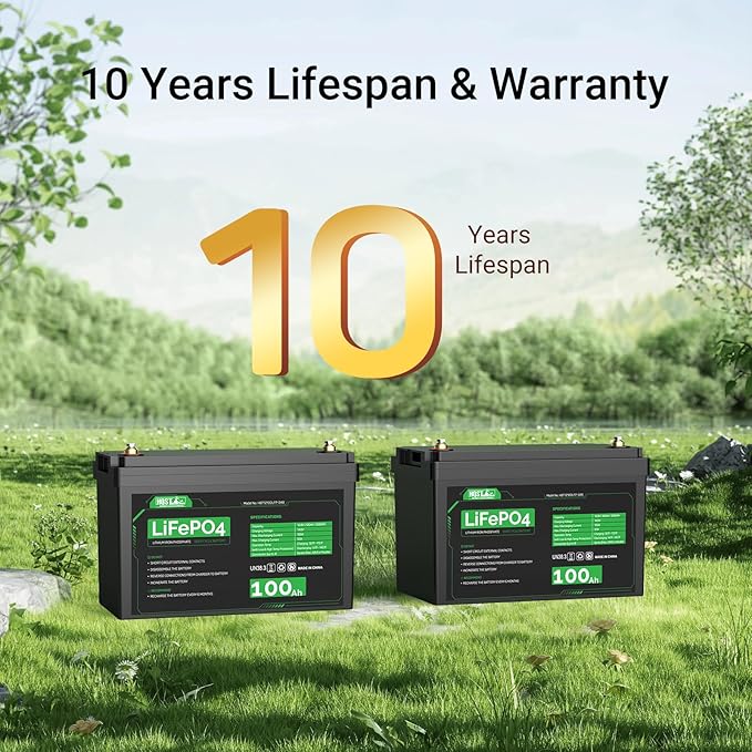 HQST LiFePO4 Battery 100ah Lithium Battery, 12V Lithium Iron Phosphate Battery Deep Cycle Marine Battery, 10 Year Lifetime with Low & High Temp Protection for RV, Trolling Motor, Boat-2 Pack