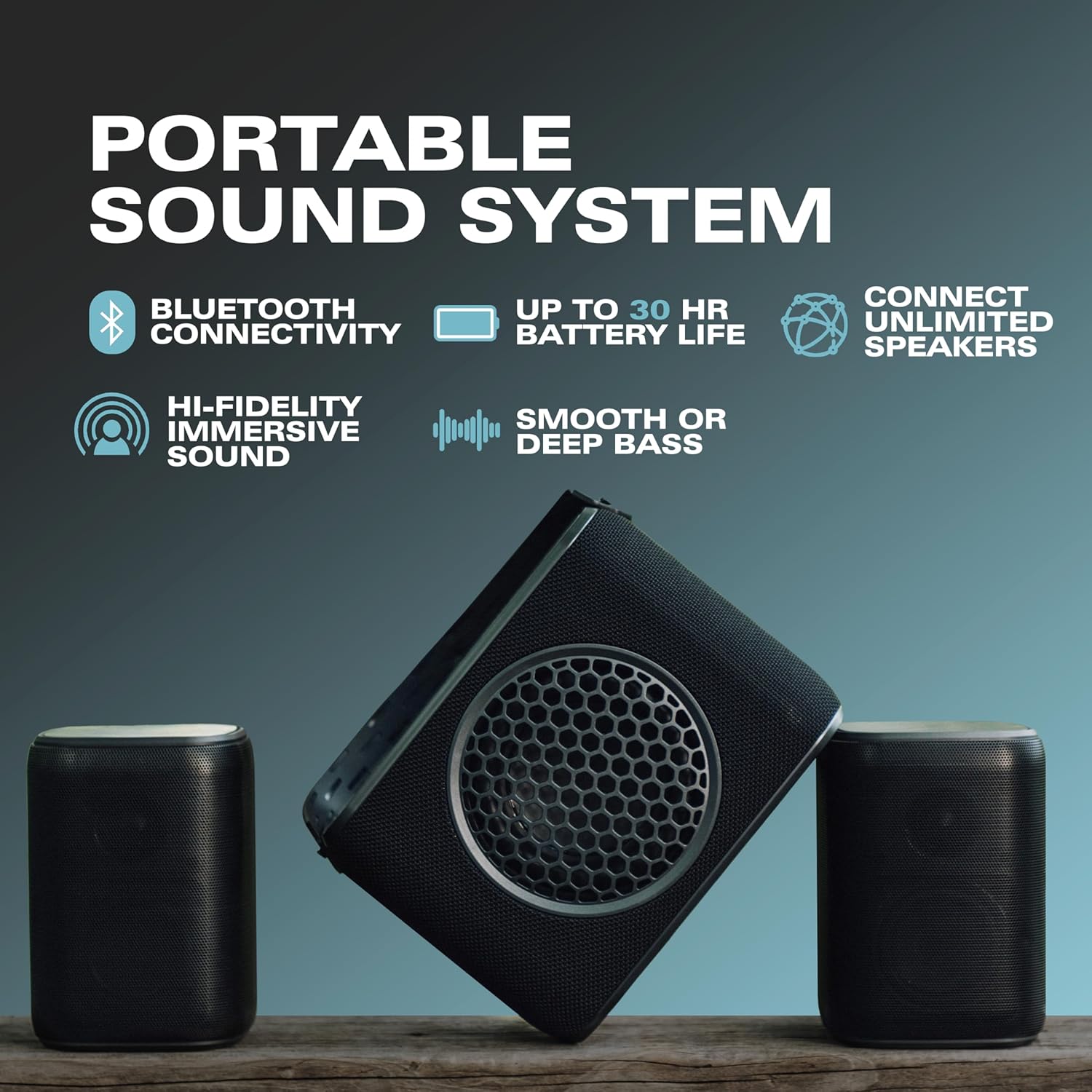 Rocksteady Stadium 2: Two Speakers and One Subwoofer 2.1 Bundle - Immersive, connectible, and up to 150 ft of Range. Up to 30 Hours of Battery Life.