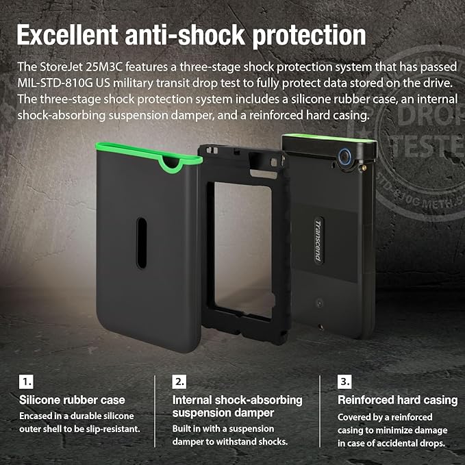 Transcend 4TB SJ25M3C, USB 3.1 Portable Hard Drive Rugged, Anti-Shock Resistant, Compact and Lightweight with Lightning-Fast Speeds, One Touch Backup Button, Type C, Iron Grey - TS4TSJ25M3C