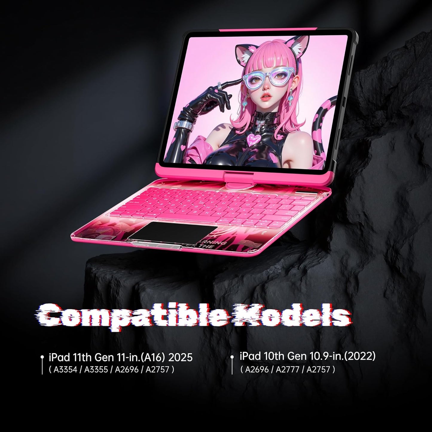 KITONE Transparent Case with Wireless Keyboard for iPad 11th Gen 11-in.(A16, 2025), 2022 iPad 10th Gen 10.9-in, 7 Colors Backlight, Trackpad, 360°Rotating Stand, Tech Style