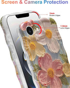 Jusy Compatible with iPhone 16e, Colorful Retro Oil Painting Printed Flower Laser Blue Glossy Pattern Cute Curly Wave Phone Case Soft TPU Cover for Girly Women -Green