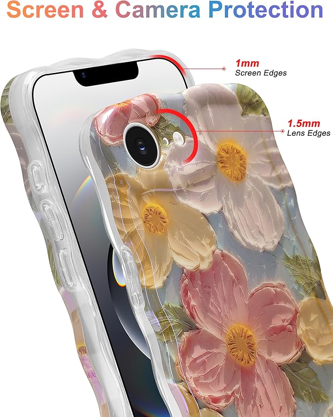 Jusy Compatible with iPhone 16e, Colorful Retro Oil Painting Printed Flower Laser Blue Glossy Pattern Cute Curly Wave Phone Case Soft TPU Cover for Girly Women -Green