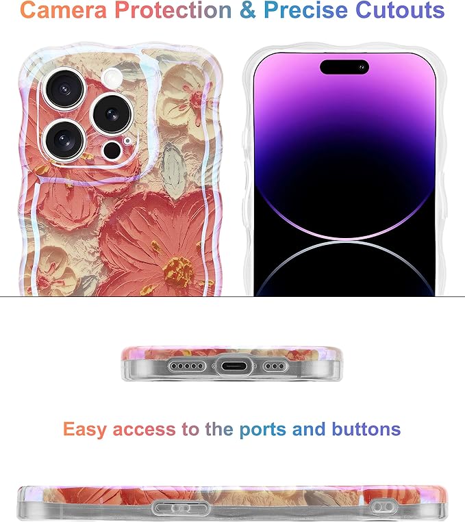 Jusy Compatible with iPhone 16 Pro, Colorful Retro Oil Painting Printed Flower Laser Glossy Pattern Cute Curly Wave Phone Case Soft TPU Cover for Girly Women - Orange White