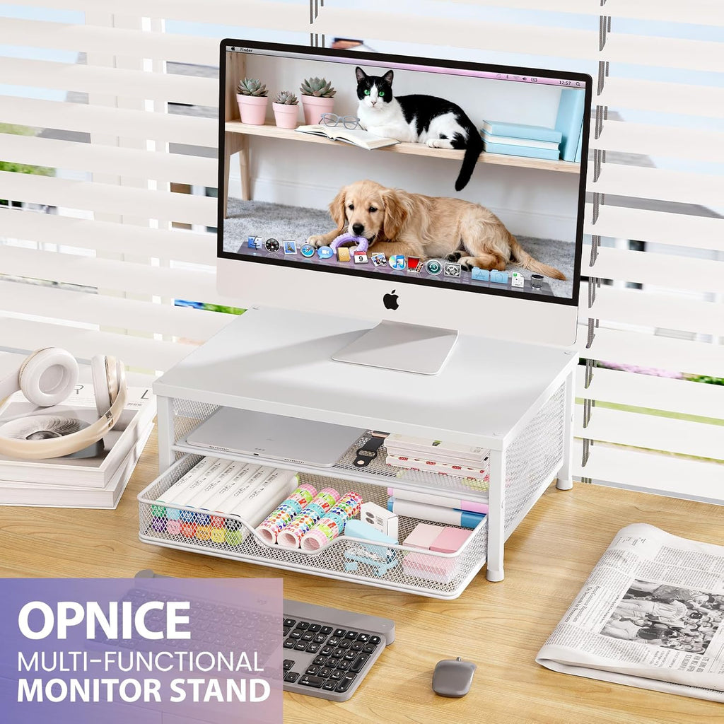 Desk Organizers and Accessories, 2-Tier Computer Monitor Stand Riser with Drawer, Laptop Stand, Office Desk Accessories, Workspace Desktop Organizer for Office Supplies, White
