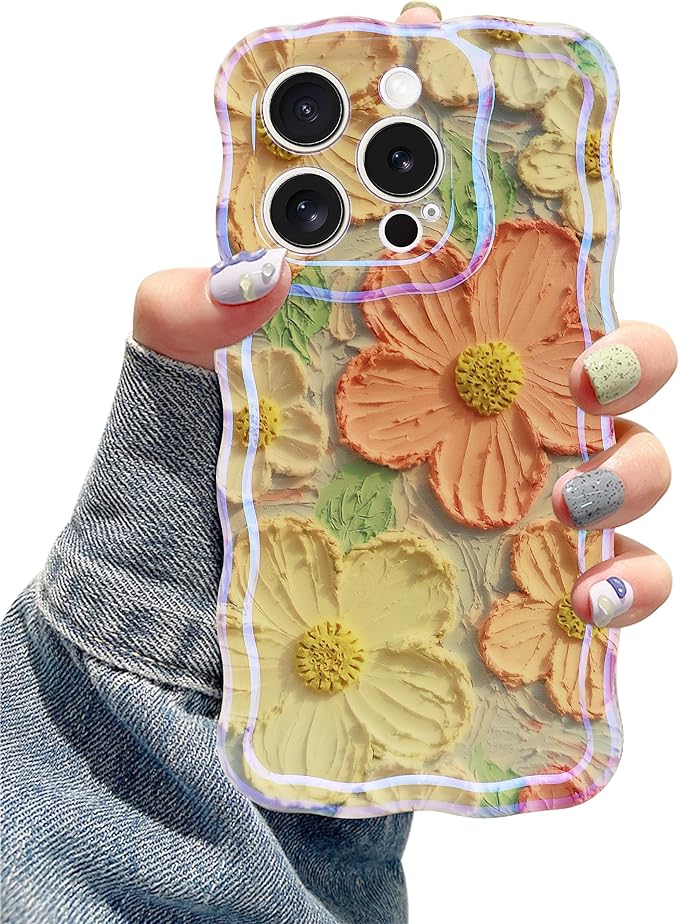 Jusy Compatible with iPhone 11 Pro Max, Colorful Retro Oil Painting Printed Flower Laser Glossy Pattern Cute Curly Wave Phone Case Soft TPU Cover for Girly Women - Orange Yellow