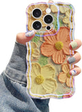 Jusy Compatible with iPhone 11 Pro Max, Colorful Retro Oil Painting Printed Flower Laser Glossy Pattern Cute Curly Wave Phone Case Soft TPU Cover for Girly Women - Orange Yellow