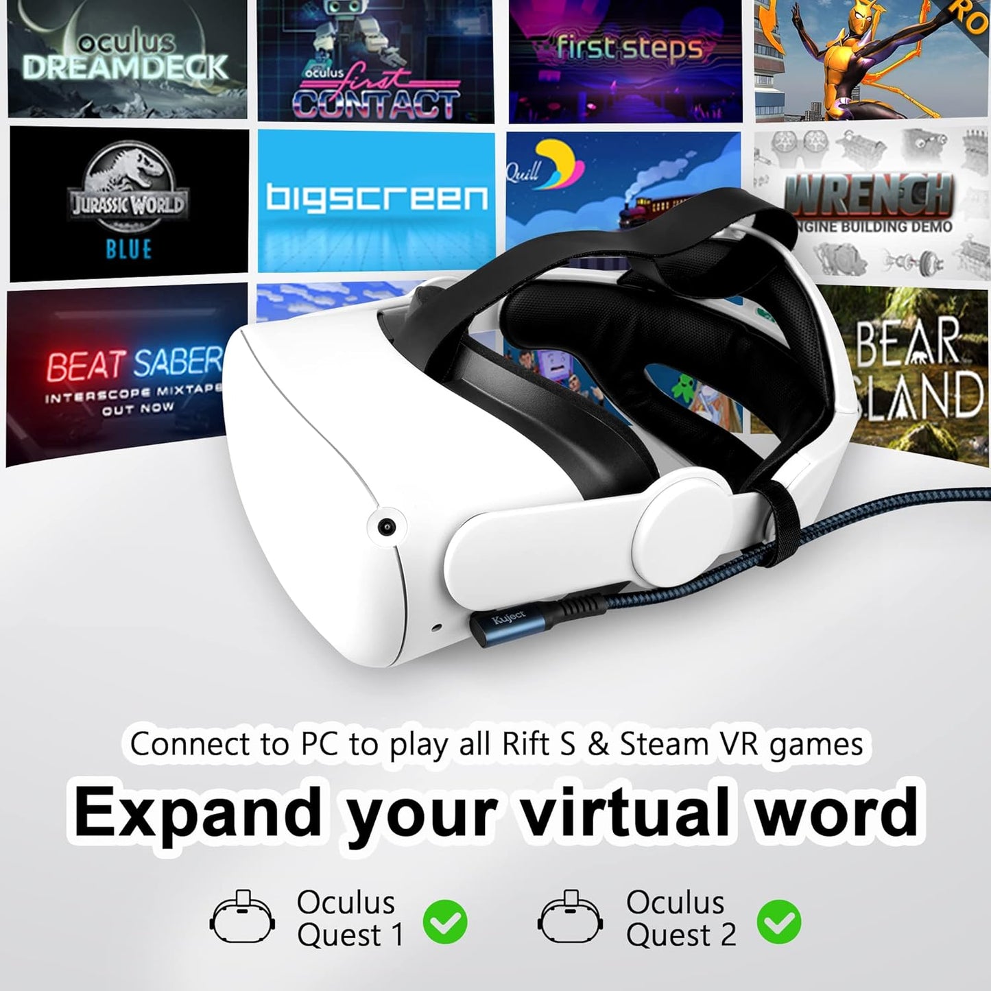 Kuject Link Cable 16FT Compatible for Quest 3S/3, Quest 2/Pro, Pico 4, Nylon Braided Accessories for Rift S/Steam VR Games, USB 3.0 Type C to C High Speed Data Transfer Charging Cord for Gaming PC