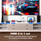 HDMI Switch 5 in 1 Out 8K@60Hz 4K@120Hz - HDMI 2.1 Switcher with Remote, Auto-Switching - Supports HDCP 2.3, HD R10, Dolby Vision, 3D, VRR - Compatible with PS5/Xbox/PC/Blu-ray Player