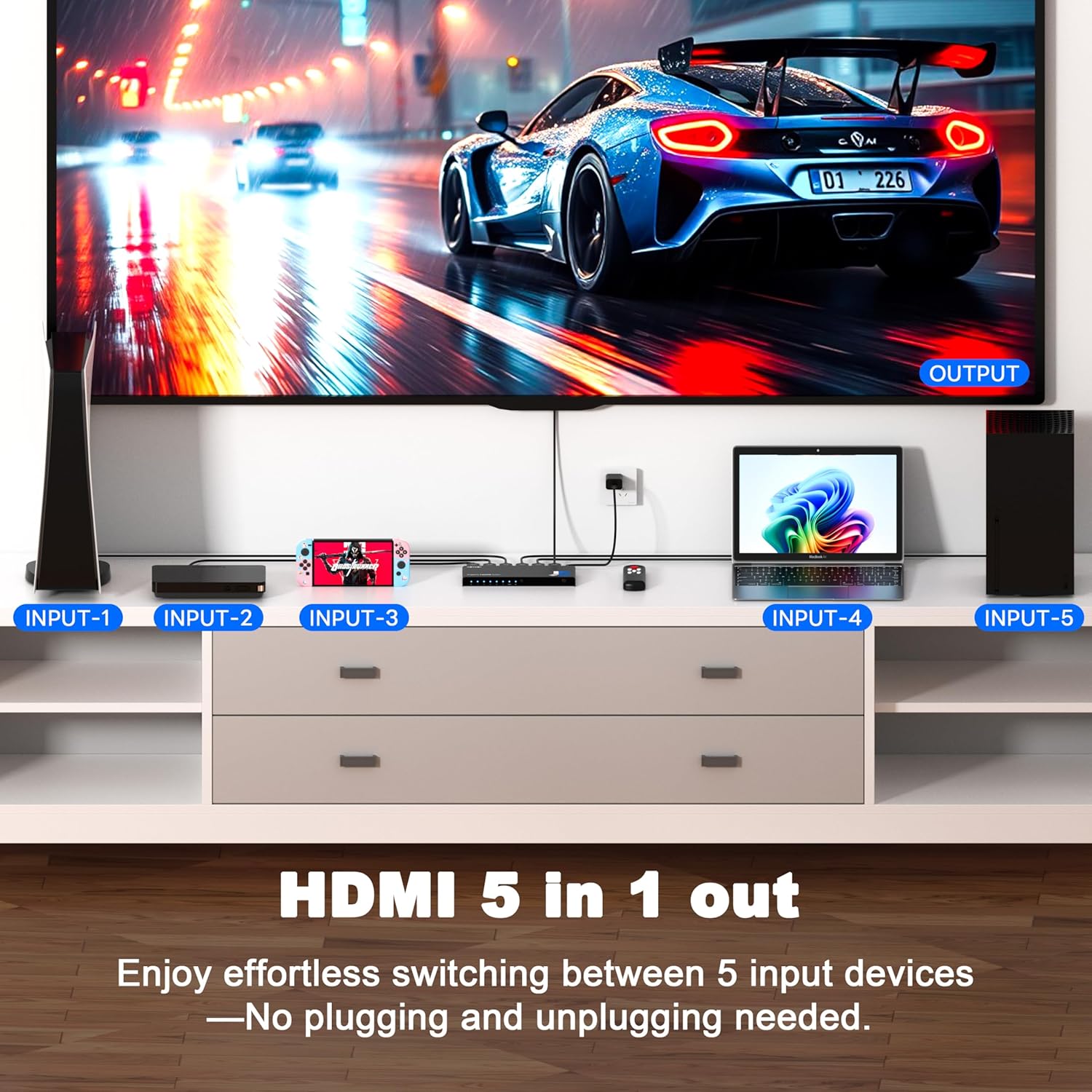 HDMI Switch 5 in 1 Out 8K@60Hz 4K@120Hz - HDMI 2.1 Switcher with Remote, Auto-Switching - Supports HDCP 2.3, HD R10, Dolby Vision, 3D, VRR - Compatible with PS5/Xbox/PC/Blu-ray Player
