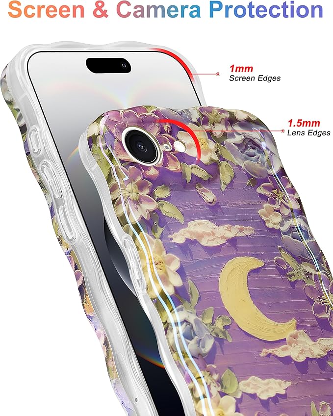 Jusy Compatible with iPhone 16e, Colorful Retro Oil Painting Printed Flower Laser Glossy Pattern Cute Curly Wave Phone Case Soft TPU Cover for Girly Women - Purple Moon