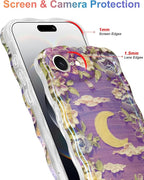 Jusy Compatible with iPhone 16e, Colorful Retro Oil Painting Printed Flower Laser Glossy Pattern Cute Curly Wave Phone Case Soft TPU Cover for Girly Women - Purple Moon