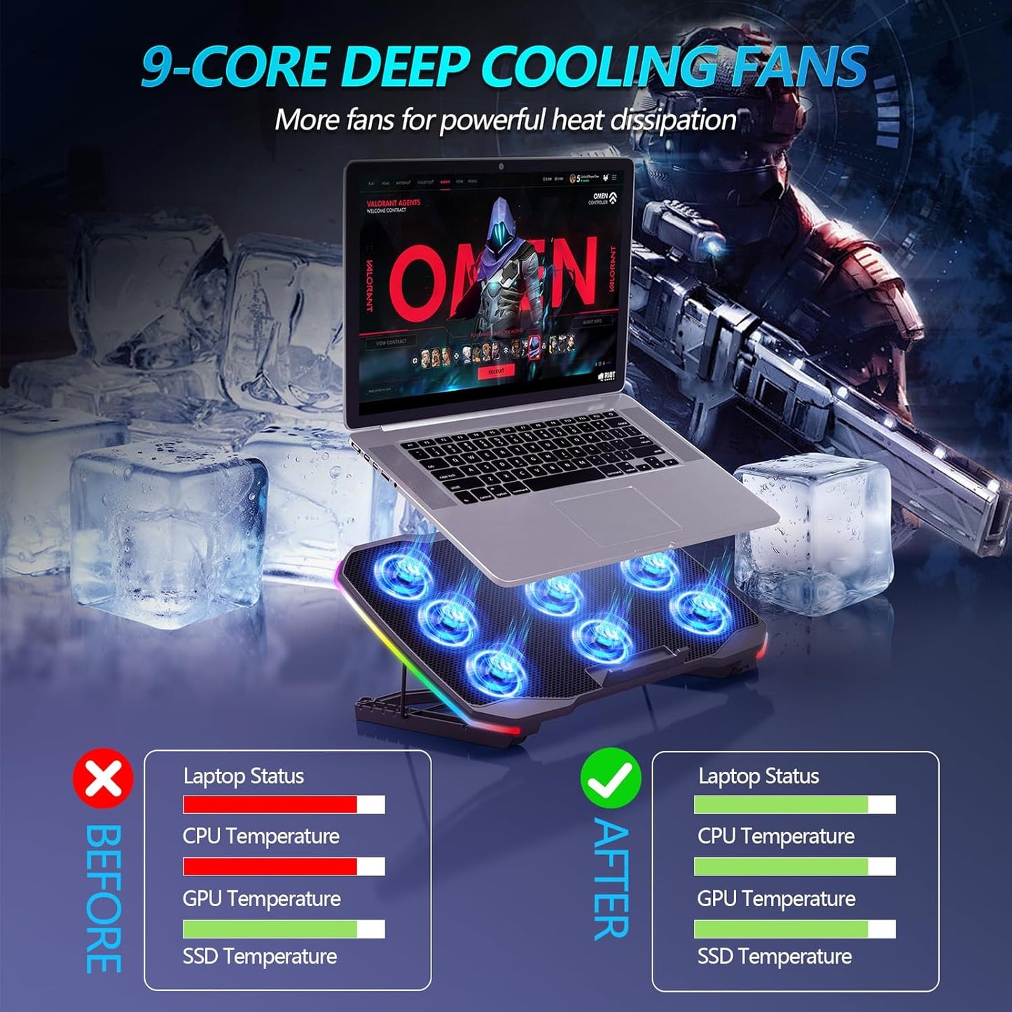 Laptop Cooling Pad, Gaming Laptop Cooler with 9 Quiet Fans, Laptop Cooling Stand for 12-17 Inch, Laptop Computer Fan with 5 Height Adjustable,2 USB Ports,1 Phone Stand