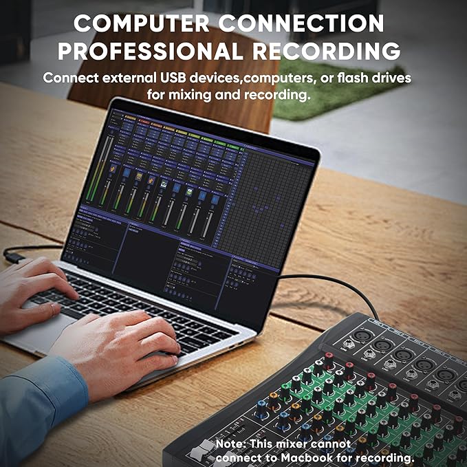 12 Channel Audio Mixer, Professional DJ Mixer Board Sound Music Mixing Console Digital Mixer with Reverb, Bluetooth, USB Port, 48V Phantom Power for Recording Karaoke Podcasting