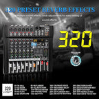 Audio Mixer 6 Channel Professional Mixer Console with 320 DSP Effects, 7-band EQ Sound Mixing Board Digital DJ Mixer w/USB Bluetooth MP3 for Recording, Independent 48V Power & Mute Button
