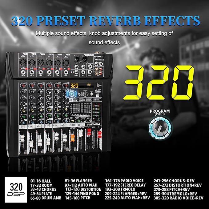 Audio Mixer 6 Channel Professional Mixer Console with 320 DSP Effects, 7-band EQ Sound Mixing Board Digital DJ Mixer w/USB Bluetooth MP3 for Recording, Independent 48V Power & Mute Button