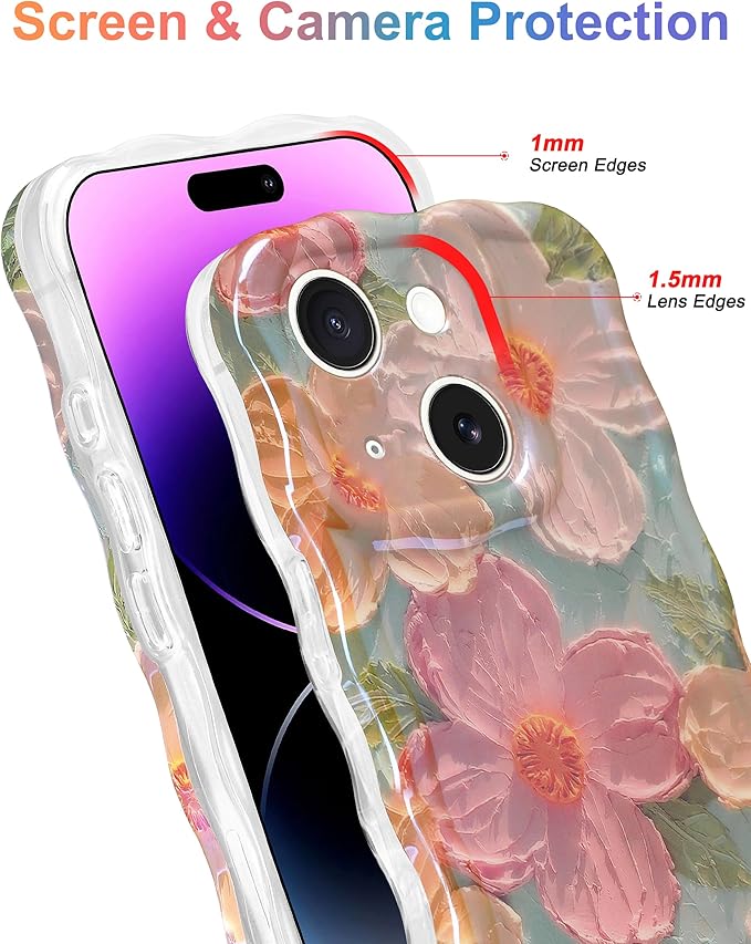 Jusy Case for iPhone 15, Colorful Retro Oil Painting Printed Flower Laser Blue Glossy Pattern Cute Curly Wave Phone Case Soft TPU Cover for Girly Women -Green