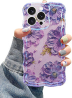 Jusy Compatible with iPhone 15 Pro Max, Colorful Retro Oil Painting Printed Flower Laser Glossy Pattern Cute Curly Wave Phone Case Soft TPU Cover for Girly Women -Purple