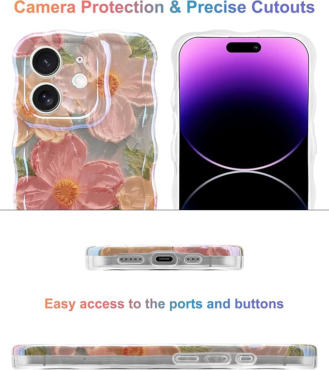 Jusy Case for iPhone 11, Colorful Retro Oil Painting Printed Flower Laser Blue Glossy Pattern Cute Curly Wave Phone Case Soft TPU Cover for Girly Women -Green