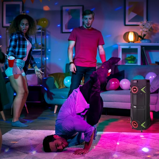 Pyle Portable Bluetooth PA Speaker - 400W Dual 8” Rechargeable Indoor/Outdoor BT Karaoke Audio System-Party Lights, LED Display, FM/AUX/MP3/USB/SD, 1/4" in,Handle, Wheels-Wireless Mic, Remote Control