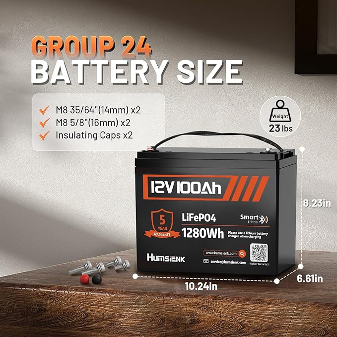 12V 100Ah LiFePO4 Lithium Battery with Bluetooth - 2PCS, BCI Group 24 15000+ Deep Cycle Battery, Built-in 100A BMS & Low-Temp Protection, for RV/Marine/Trolling Motor/Off-Grid/Home Backup