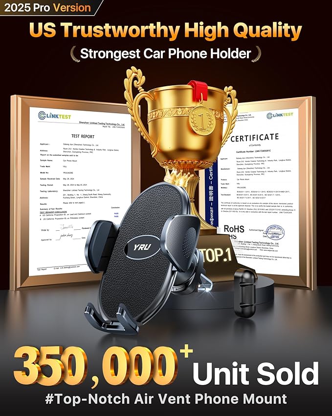 YRU Car Phone Holder [2025 Upgraded Metal Hook Clip], Phone Holders for Your Car [No Fear of Bumps] Air Vent Cellphone Mount Widely Compatible with iPhone16 15 14 13 12 Samsung Android, Black