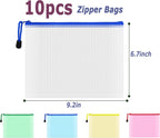 AUSTARK 10 Pcs Zipper File Bags, Waterproof Plastic Mesh Pouch for Office School, Board Game Storage Bags (A5 Size 9.2''x6.7'', Multicolored)
