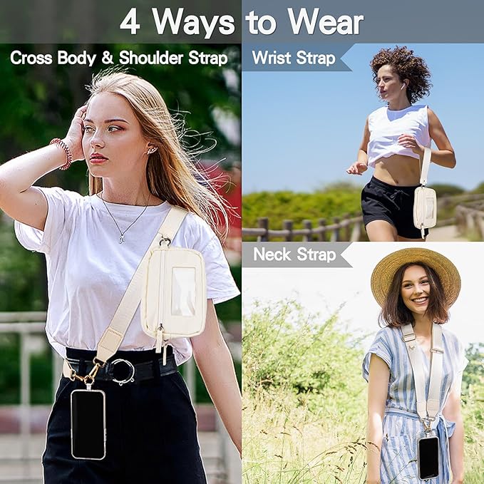 kullder Save Girls Phone Lanyard with Wallet, 2 Pcs-Clip & Go Phone Strap Crossbody with Zippered Pouch & Wrist Lanyard-1 Pad, Universal Cellphone Strap Adjustable Neck Crossbody for Women (Beige)