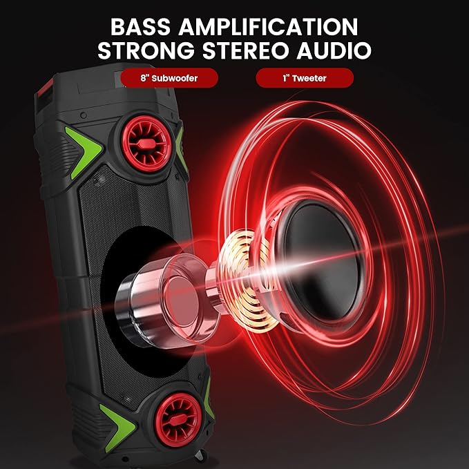 Pyle Portable Bluetooth PA Speaker - 400W Dual 8” Rechargeable Indoor/Outdoor BT Karaoke Audio System-Party Lights, LED Display, FM/AUX/MP3/USB/SD, 1/4" in,Handle, Wheels-Wireless Mic, Remote Control