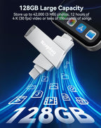 128GB Flash Drive for iPhone iPad, USB3.0 High-Speed Memory Stick No App Needed, Lightening & USB-C External Memory Storage for Photos Videos, Picture Backup Thumb Drive Plug & Play(Silver)
