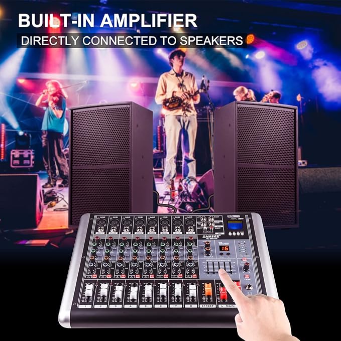 Mixers Audio 8 Channel Mixer Power Mixer Amplifier 2 * 300 Watt Output Dj Mixer Board with 16 Kinds of DSP Reverb Sound Mixers for Speakers