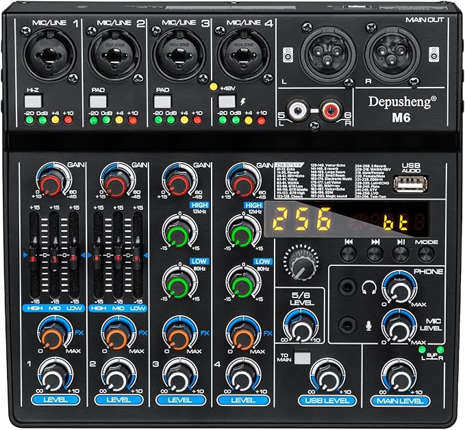 Depusheng M6 Portable Mini Mixer 6-Channel Audio Mixer DJ Console with Sound Card, Bluetooth Function, USB, 48V Phantom Power for PC Recording Webcast Party with 256 DSP