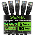 GearIT Cat 6 Ethernet Cable Pack - 5-Pack 50 ft Cat6 Ethernet Patch Cables | RJ45 Network Patch Cable, 10 Gbps Snagless Gold-Plated Connectors - Ethernet Cable Cat 6 for PC, TV, Router - Black