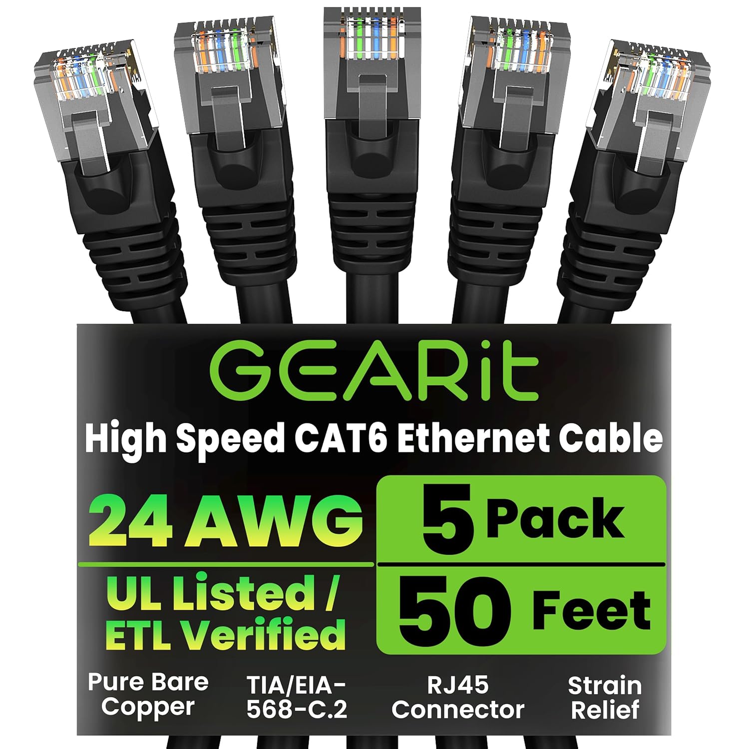 GearIT Cat 6 Ethernet Cable Pack - 5-Pack 50 ft Cat6 Ethernet Patch Cables | RJ45 Network Patch Cable, 10 Gbps Snagless Gold-Plated Connectors - Ethernet Cable Cat 6 for PC, TV, Router - Black