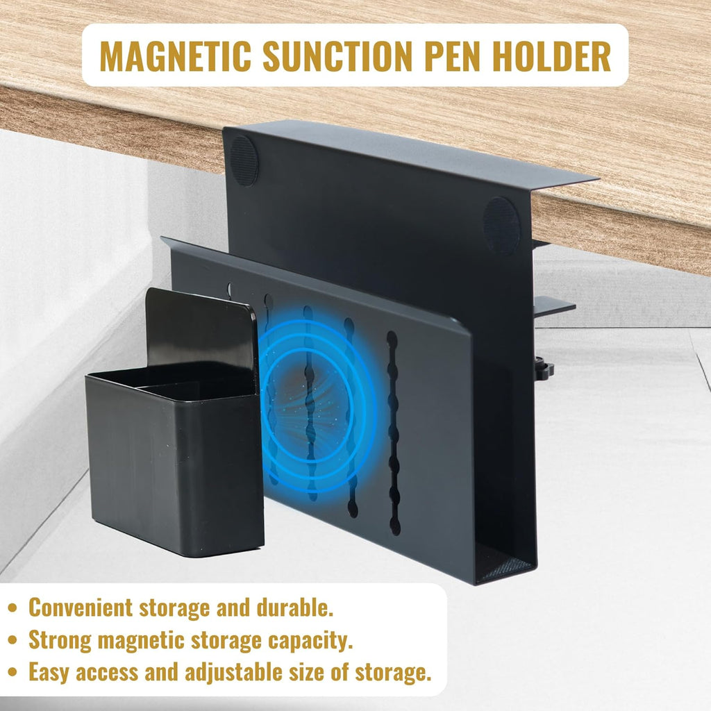 Desk Side Storage – Heavy-Duty Steel Laptop Holder Desk Attachment with Magnetic Pen Holder, Side Table No Drill Clamp Desk Organizer, Hanging Desk Organizer for Home & Office – Black
