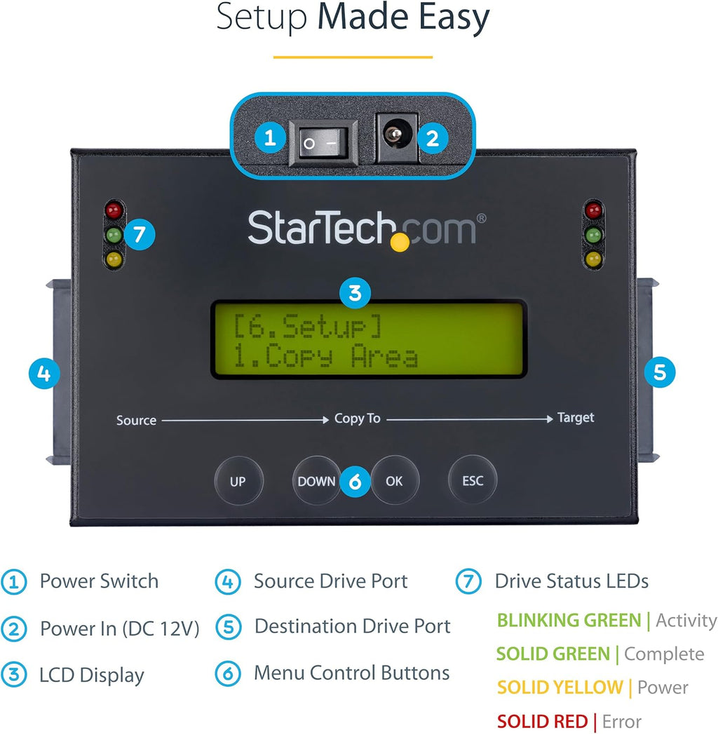 StarTech.com 1:1 Standalone Hard Drive Duplicator with Disk Image Manager For Backup and Restore, Store Several Disk Images on one 2.5/3.5" SATA Drive, HDD/SSD Cloner, No PC Required, TAA