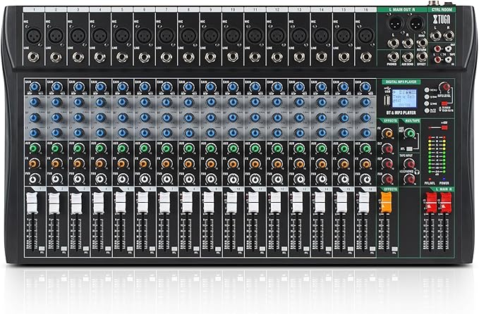 XTUGA 16 Channel Audio Mixer Sound Board Mixing Console, Audio Interface PC USB Bluetooth with 48V Phantom Digital Effect for DJ Live Recording Studio Karaoke(CT160)