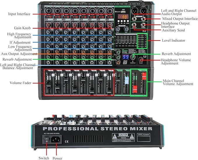 8 Channel Dj Mixer, Dj Board for Pa Stage systems with 99 Kinds of DPS Digital Effects,Echo+Delay Effect,Mic/Line XLR+6.35mm Input, AUX, Usb,MP3 Player,Recording Headphone Jack,PA-8